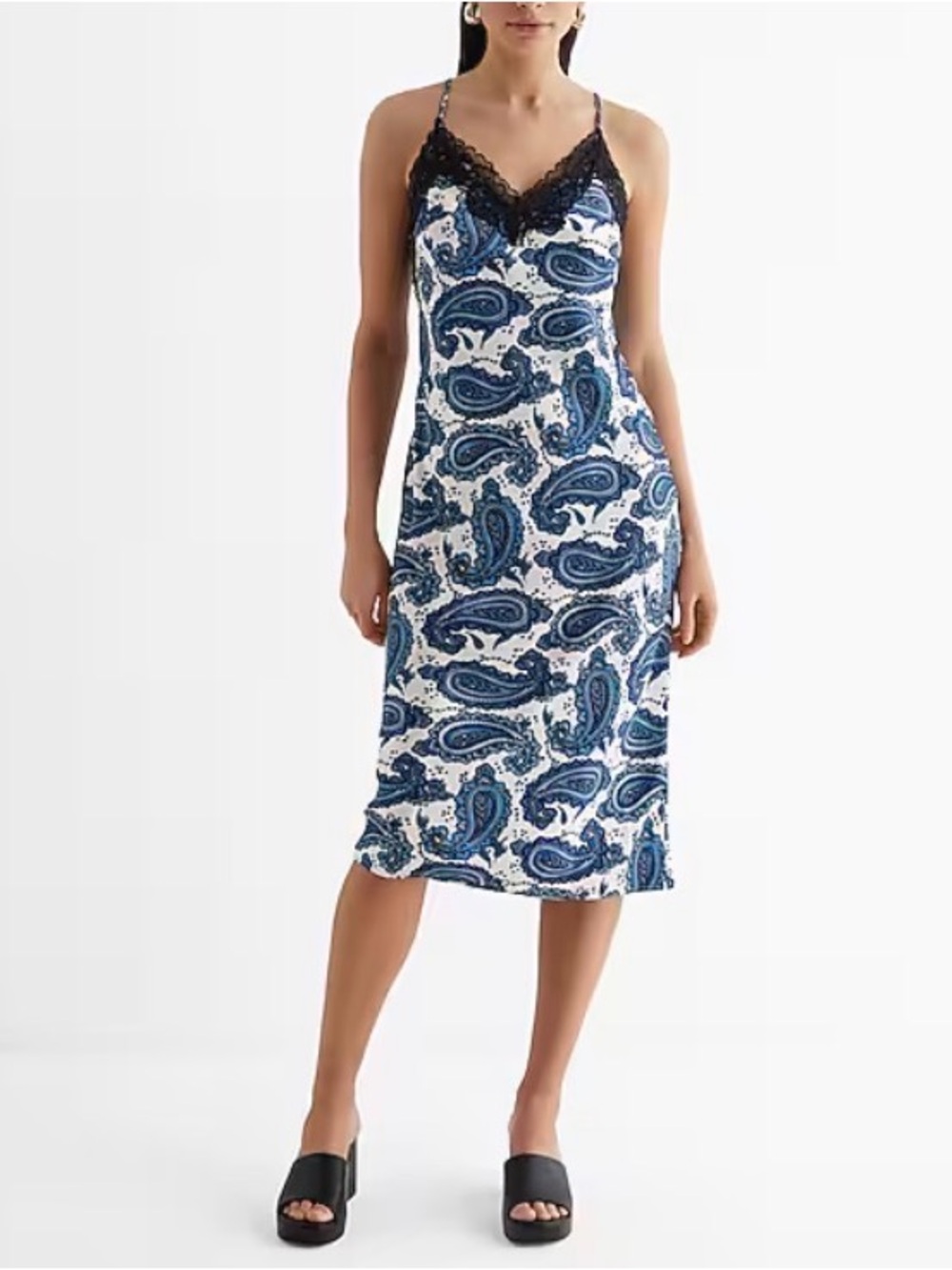 Express Satin Lace Trim V-Neck Midi Downtown Cami Slip Dress M